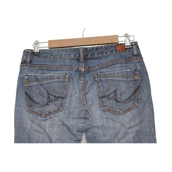 Y2K Denim Skirt Size 4 Knee Length Blue Patchwork Boho Festival Pockets - Picture 7 of 10